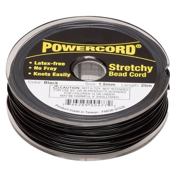 Cord, Powercord&reg;, elastic, black, 1.5mm, 22-pound test. Sold per 25-meter spool. image number 0