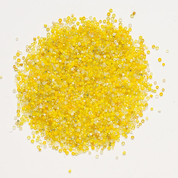 Seed bead mix, glass, 1pkg25g, #15 to #11 round, opaque and translucent multi-yellow image number 1