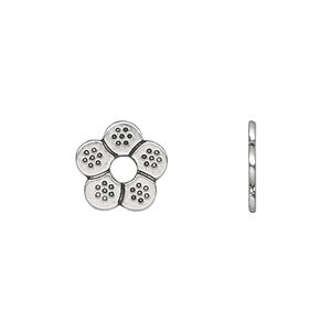 Bead 1pkg50 silver-plated "pewter", 12x1mm flower rondelle / 2sided, antique