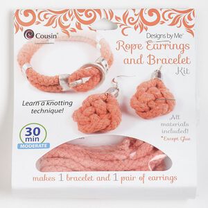 Bracelet and earring kit, cotton / silver-finished "pewter" (zinc-based alloy) / steel / aluminum, coral. Sold per set.