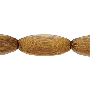 Bead, wood (waxed), 25x10mm hand-cut 4-sided oval. Sold per 15-1/2" to 16" strand.