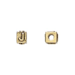 Bead 1pkg4 gold-plated pewter, 8x6mm rectangle / letter J, antique Dione&reg;