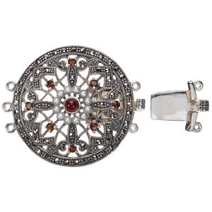 Clasp tab 1pkg1 sterling silver / Signity&reg; marcasite / freshwater pearl shell (natural), 37mm domed round, antiqued / white / "garnet" 3-strand