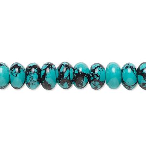 Bead, "turquoise" (resin) (imitation), blue and black, 8x5mm rondelle with matrix. Sold per 8-inch strand, approximately 40 beads.