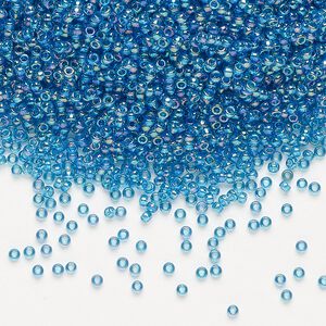 Seed bead, Miyuki, glass, pkg/250g, #15 rocaille, translucent rainbow Capri blue (RR-291).