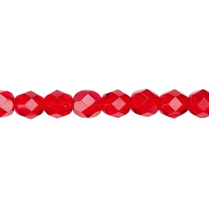Bead, Czech fire-polished glass, translucent light red, 6mm faceted round. Sold per 15-1/2" to 16" strand, approximately 65 beads.