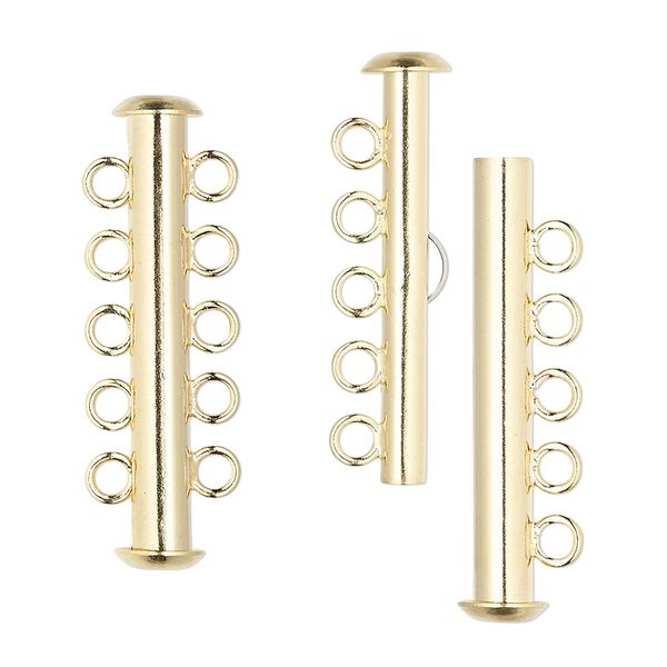 Clasp slide lock 1pkg100 gold-plated, 31x6mm tube, brass 5-strand image number 0