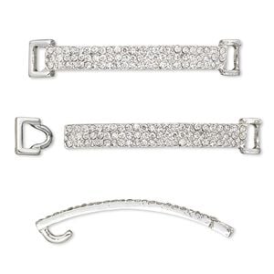 Clasp hook 1pkg2 silver-finished "pewter" (zinc alloy), 48x8mm curved rectangle / fits 3.5x2.5mm cord, clear rhinestone 1-strand