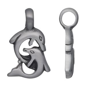Pendant, Almost Jewelry&trade;, "pewter" (zinc-based alloy), 33x21mm single-sided double dolphins. Sold individually.