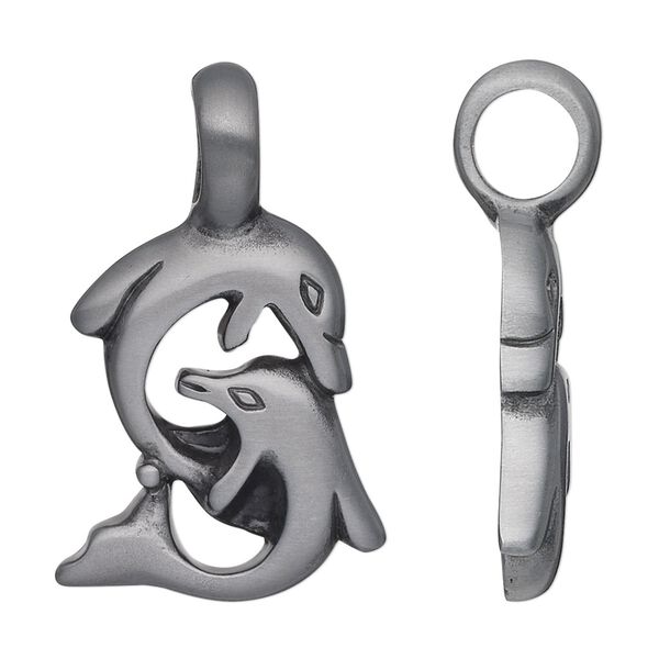 Pendant, Almost Jewelry&trade;, "pewter" (zinc-based alloy), 33x21mm single-sided double dolphins. Sold individually. image number 0