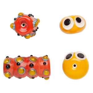 Bead, lampworked glass 2pkg2, multicolored, 17x12mm/29x18mm caterpillar head and body.