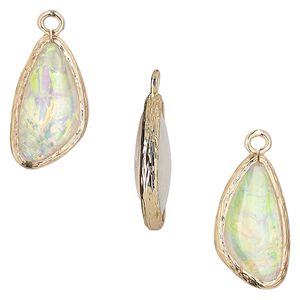 Drop, Opalized Ice&trade;, "opal" (resin) and gold-finished brass, white, 19.5x11mm double-sided wing. Sold per pkg of 4.