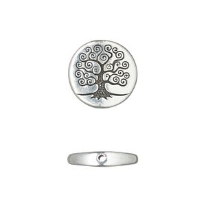 Bead, TierraCast&reg;, "Soulful Spirit" collection, antique silver-plated pewter (tin-based alloy), 15mm flat round with tree of life design. Sold per pkg of 10.