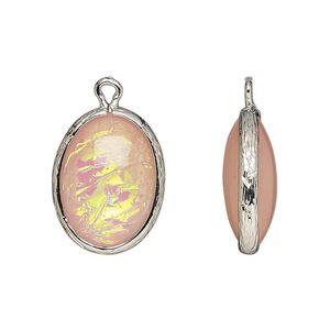 Drop, Opalized Ice&trade;, "opal" (resin) and imitation rhodium-finished brass, opaque light pink, 20x15mm double-sided oval. Sold per pkg of 4.
