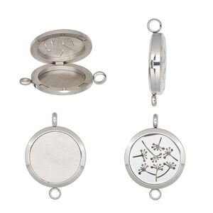 Pendant, stainless steel, 37x30mm single-sided hinged round locket with cutout dandelion design and magnetic closure with loop. Sold individually.
