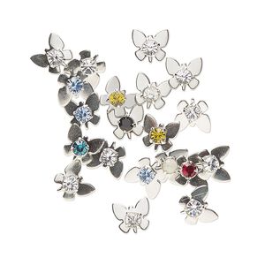 Component, Vintage Crystal&trade;, crystal and imitation rhodium-finished brass, mixed colors, 6mm undrilled butterfly. Sold per pkg of 20.