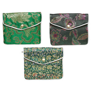 Pouch 1pkg3 silver-finished steel and rayon fabric, multicolored, 4.75x4-inch brocade floral.