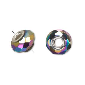 Bead 1pkg6 silver-plated, 14x9mm faceted rondelle, brass / glass / metallic rainbow Dione&reg;