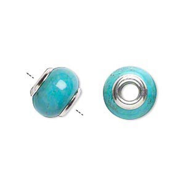 Bead, Dione&reg;, "turquoise" (resin) (imitation) and sterling silver grommets, 11x8mm-13x9mm rondelle with 4mm hole. Sold individually. image number 0
