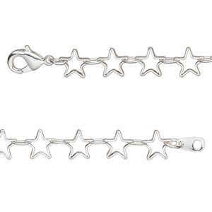 Chain 1pkg1 silver-plated star, 6.5mm open / lobster claw clasp, brass 20 inch