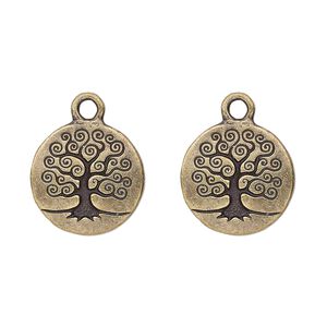 Drop, TierraCast&reg;, antique brass-plated pewter (tin-based alloy), 15.5mm double-sided flat round with tree of life. Sold per pkg of 2.