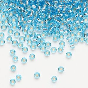 Seed bead, Miyuki, glass, pkg/250g, #8 rocaille, transparent silver-lined aqua blue, (RR-18).