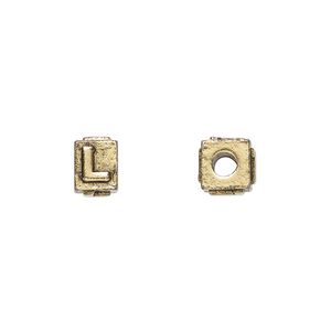 Bead 1pkg4 gold-plated pewter, 8x6mm rectangle / letter L, antique Dione&reg;