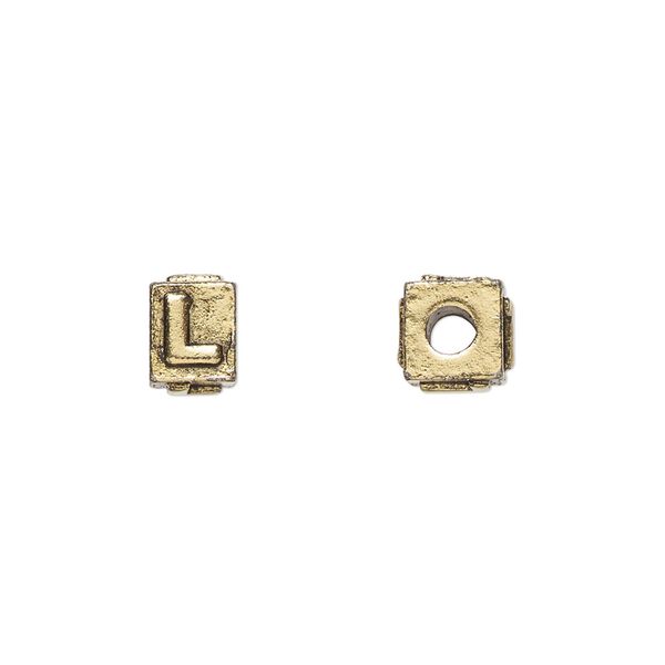 Bead 1pkg4 gold-plated pewter, 8x6mm rectangle / letter L, antique Dione&reg; image number 0