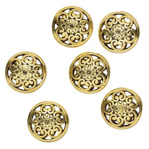 Bead 1pkg6 gold-finished "pewter", 16mm filigree puffed flat round / 2sided, antique