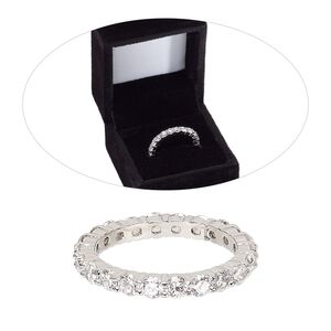 Ring, cubic zirconia and rhodium-finished brass, clear, 3mm wide eternity band, size 8. Sold individually.