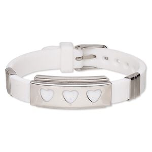 Bracelet, Softique&trade;, silicone and stainless steel, white, 16mm wide with 39x16mm rectangle and cutout hearts, adjustable from 5-1/2 to 7-1/2 inches with buckle-style closure. Sold individually.