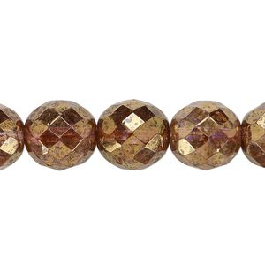 Bead, Czech fire-polished glass, pkg/15-1/2 to 16 inches, 12mm faceted round, translucent copper luster, (00030-15695).
