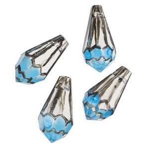 Bead, painted glass, clear / turquoise blue / black, 20x9.5mm top-drilled faceted teardrop. Sold per pkg of 4.