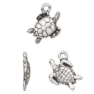 Charm, TierraCast&reg;, antique silver-plated pewter (tin-based alloy), 16mm 3D sea turtle. Sold per pkg of 2.