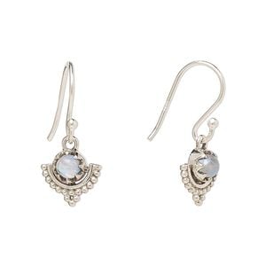 Earring, Create Compliments&reg;, antiqued sterling silver and rainbow moonstone (natural), fishhook, 22m with 10mm single-sided beaded moon, 21 gauge. Sold per pair.