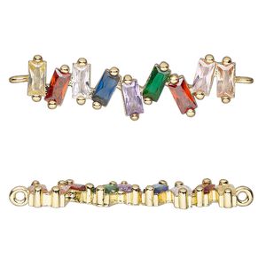 Link, cubic zirconia and gold-finished brass, multicolored, 31x9.5mm single-sided cluster. Sold individually.