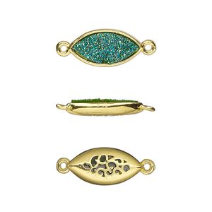 Link, Druzylite&trade;, "druzy" (resin) and gold-finished brass, green, 16x8mm two-sided marquise with open filigree back. Sold per pkg of 4.