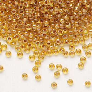 Seed bead, Miyuki, glass, pkg/250g, #8 rocaille, translucent copper pearl-lined marigold, (RR-3802).
