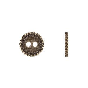 Button, antiqued brass-finished "pewter" (zinc-based alloy), 12.5mm double-sided flat round with rope edge. Sold per pkg of 50.