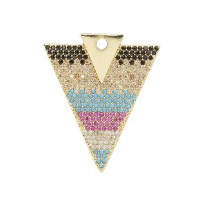 Drop, cubic zirconia and gold-finished brass, multicolored, 29.5x24.5mm single-sided arrowhead. Sold individually.