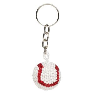 Keychain, glass and steel, red and white, 3-1/4 inches with 26.5mm 3D baseball and 22mm split ring. Sold individually.