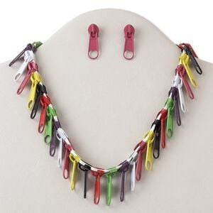 Necklace and earring set, gold-finished brass and steel / "pewter" (zinc-based alloy) / faux suede, multicolored, 31x10mm zipper pull, 18 inches with lobster claw clasp and 3-inch extender chain, 1-1/4 inch zipper pull earring with post. Sold per set.