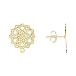 Earstud Lazer Lace&trade; 1pkg8, 15mm filigree mandala / closed loop / earnuts, gold-finished stainless steel 4 pair
