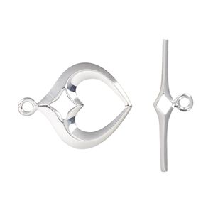Clasp toggle 1pkg1 sterling silver, 18.5x18mm heart, 1-strand