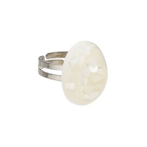 Ring steel / mother-of-pearl shell (bleached / assembled) 1pkg1, 20x15mm oval, bleached/assembled silver finish / white