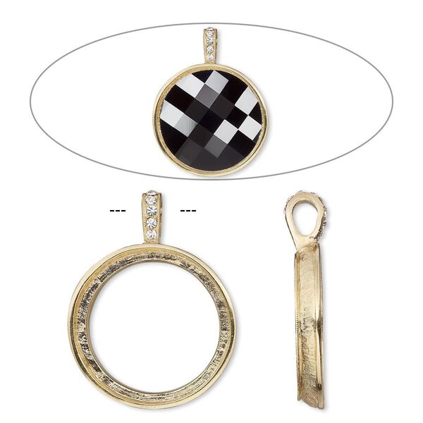 Pendant, Almost Instant Jewelry&reg;, crystals and gold-finished "pewter" (zinc-based alloy), crystal clear, 44x34mm single-sided smooth round with 30mm round setting. Sold individually. image number 0