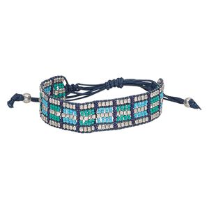 Bracelet, waxed cotton cord / glass / silver-plated steel, turquoise blue / blue-green / purple, 18mm wide, adjustable from 6-1/2 to 9-1/2 inches with macram&eacute; knot closure. Sold individually.