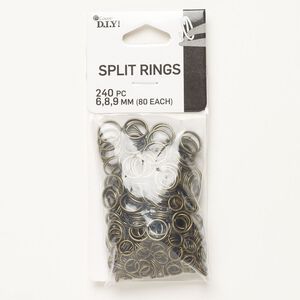 Split ring mix 1pkg240 brass-finished, 6mm / 8mm / 9mm round, steel / antique