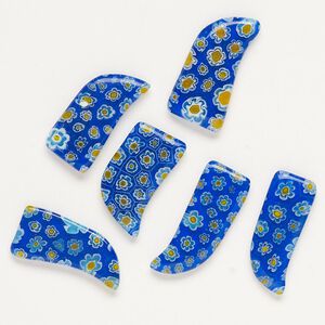 Component, millefiori glass, translucent cobalt blue / yellow-orange / white, 25x12mm-28x14mm undrilled talon. Sold per pkg of 6.