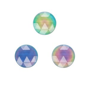 Cabochon, acrylic, multicolored, 12mm color-changing non-calibrated faceted round. Sold per pkg of 4.